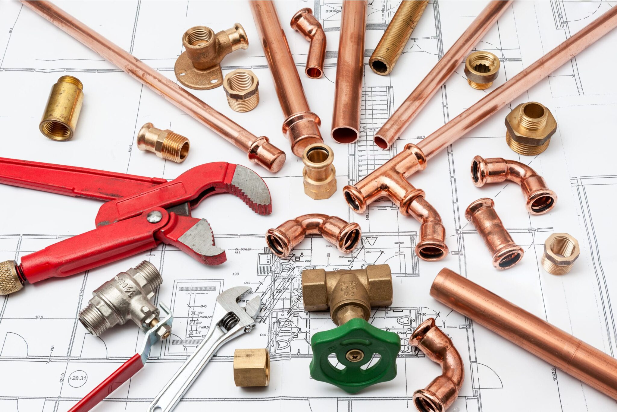 Copper pipes, fittings, valves, and plumbing tools in Redlands