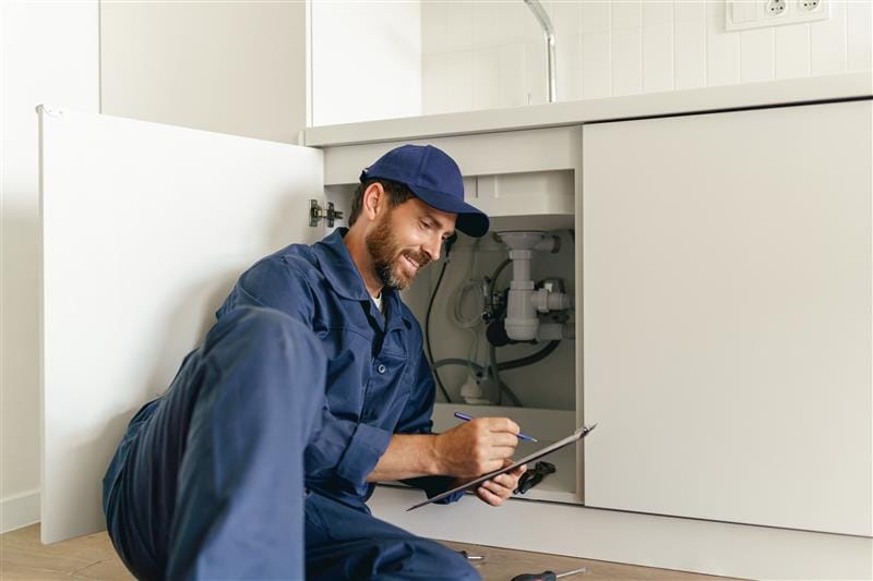 Residential plumber reviewing plumbing repairs in a Redlands kitchen