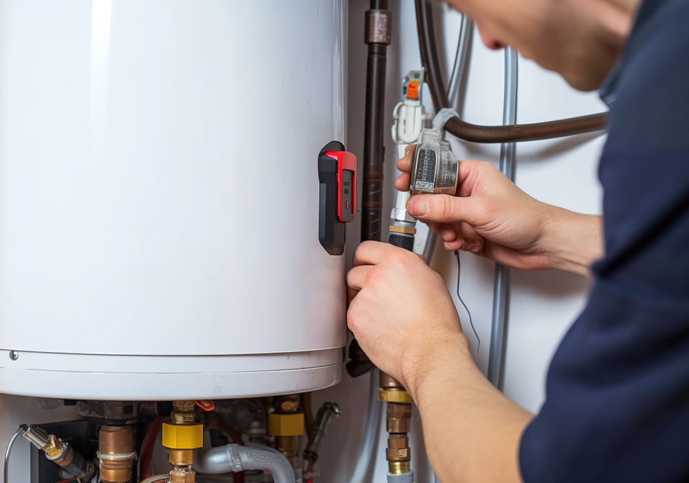 Technician repairing pipes connected to a water heater in Redlands